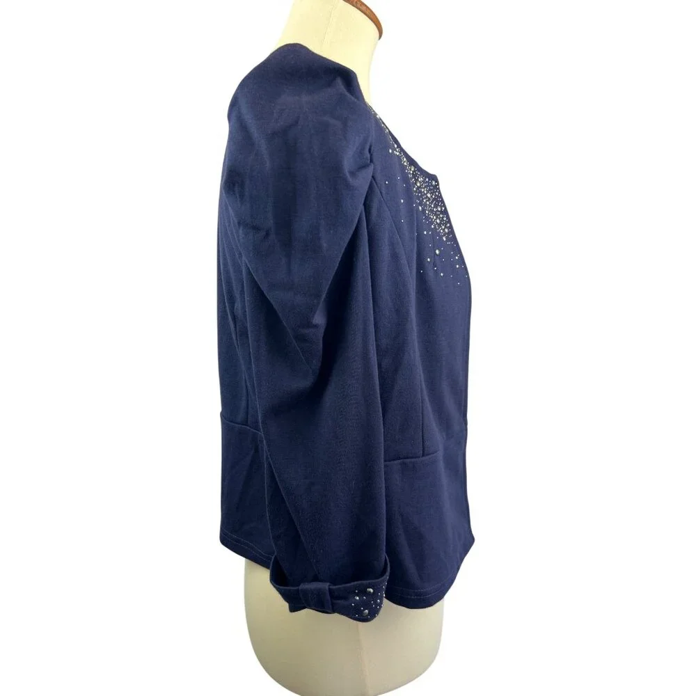 Eva Braun Puff Sleeve Cardigan Jacket Womens SM Navy Blue Rhinestone - Picture 5 of 10